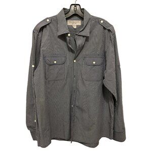 Men's Michael Kors Blue White Small Check Cotton Military Long Sleeve Shirt Size